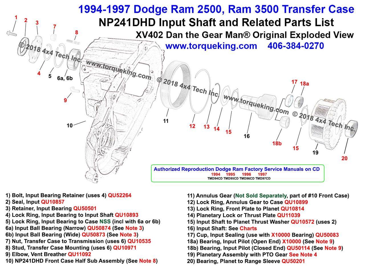 New! XV402 1994-1997 Dodge Ram NP241DHD Transfer Case Input Shaft & Related Parts List Exploded View