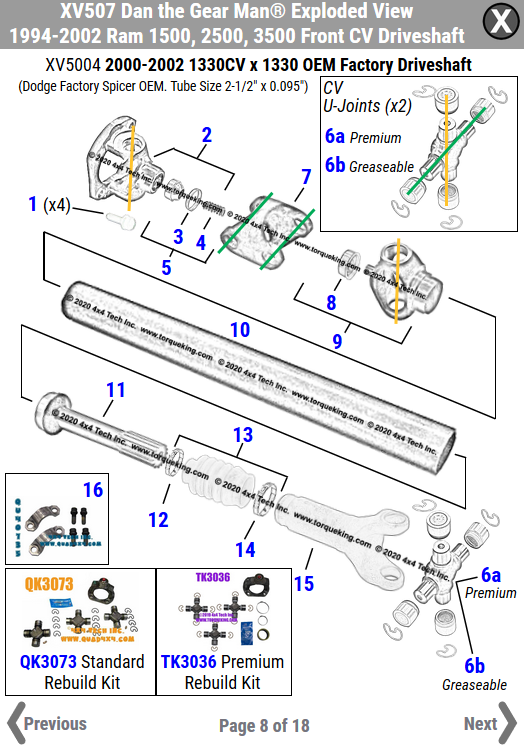 New! Front CV Driveshaft Exploded View for 1994-2001 Ram 1500 and 1994-2002 Ram 2500/Ram 3500