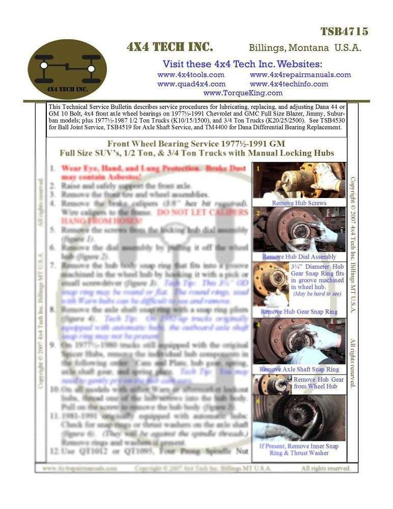 TSB4715 Front Wheel Bearing Service for 1977½-1991 GM Torque King 4x4