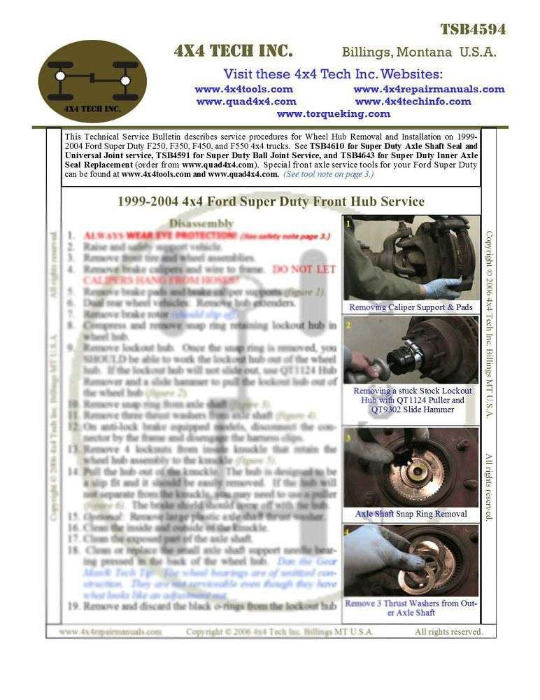 TSB4594 1999-2004 SD & Excursion Front Hub Tech Service Bulletin Torque King 4x4