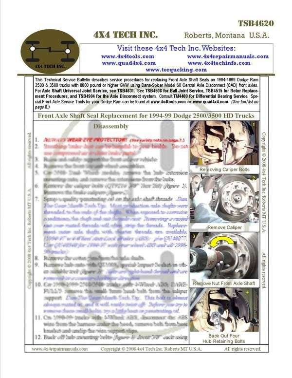 TSB4620P Printed Instruction Sheet for 1994-1999 Dodge CAD Axle Seals Torque King 4x4