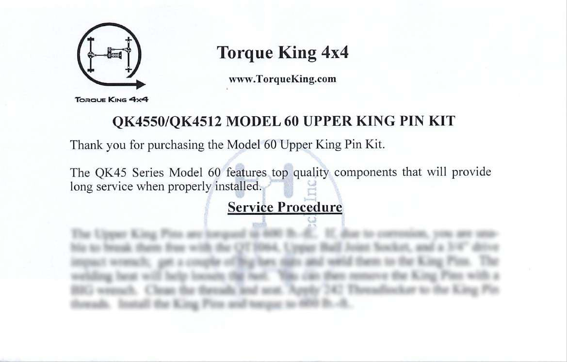 QK4512 Service Instructions for Model 60 King Pin Kit Torque King 4x4