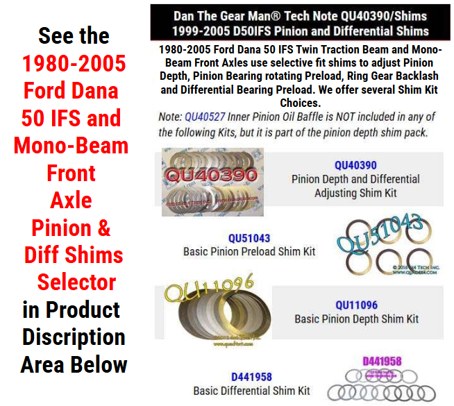 1999-2005 Ford Dana 50 IFS and Mono-Beam Pinion & Differential Shims Selector Torque King 4x4