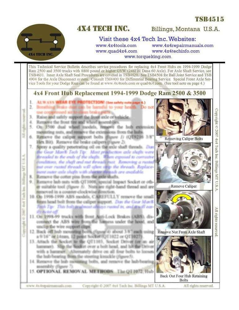 TSB4515 1994-1999 Dodge Ram Front Hub Replacement Torque King 4x4