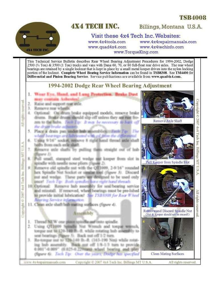 TSB4008 Rear Wheel Bearing Adjustment on 1994-2002 Dodge Ram 2500, Ram 3500 Trucks Torque King 4x4