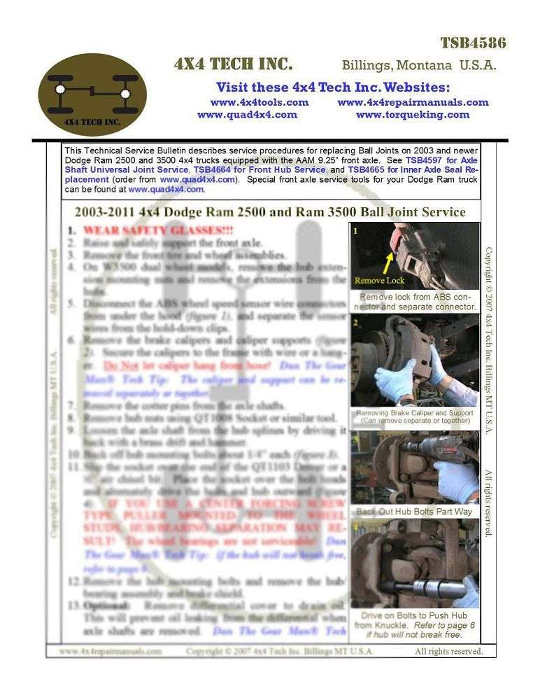 TSB4586 2003-2011 4x4 Ram 2500 3500 Ball Joint Service 9.25" AAM Axle Torque King 4x4