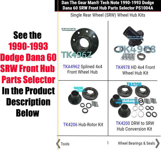 1990-1993 Dodge Dana 60 SRW Front Hub Parts Selector PS1004A