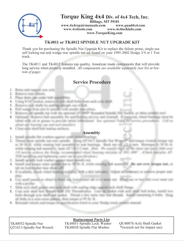 TK4011NOTE Double Spindle Nut Upgrade Instructions Torque King 4x4