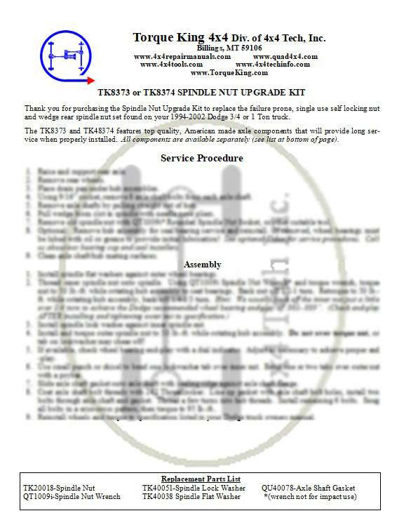 TK8373, TK8374 Instructions Torque King 4x4