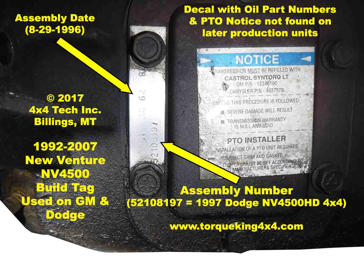 NV4500 Build Tags for Chevy, Dodge, GMC, and Ram IDN-108 Torque King 4x4