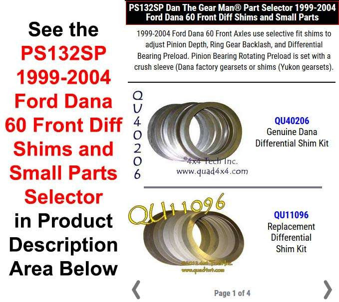 1999-2004 Ford Dana 60 Front Diff & Pinion Shims Selector PS132SP Torque King 4x4