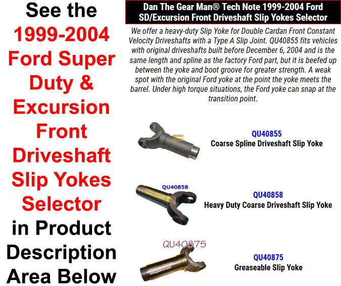 QU40855, QU40858, QU40875 1999-2004 Ford Front Driveshaft Slip Yokes Selector Torque King 4x4