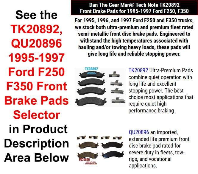TK20892, QU20896 1995-1997 Ford F250/F350 Front Brake Pads Selector Torque King 4x4