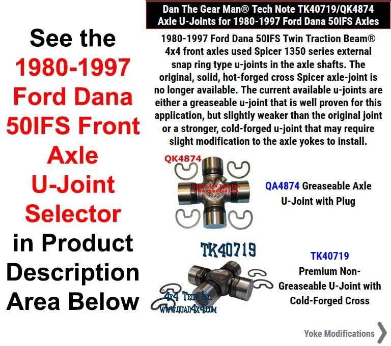 TK40719/QK4874 1980-1997 Ford Dana 50IFS Front Axle U-Joint Selector Torque King 4x4