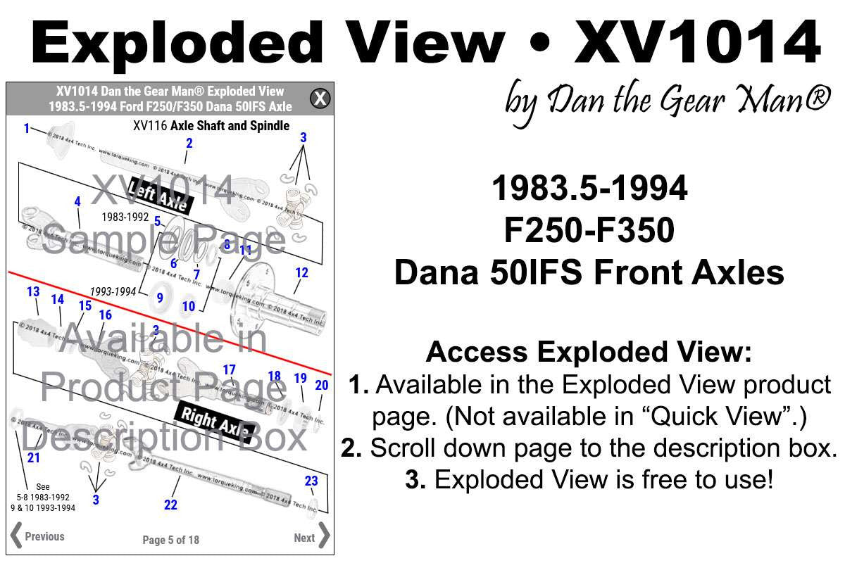 XV1014 1983.5-1994 Ford F250 Dana 50IFS Front Axle Exploded View Torque King 4x4