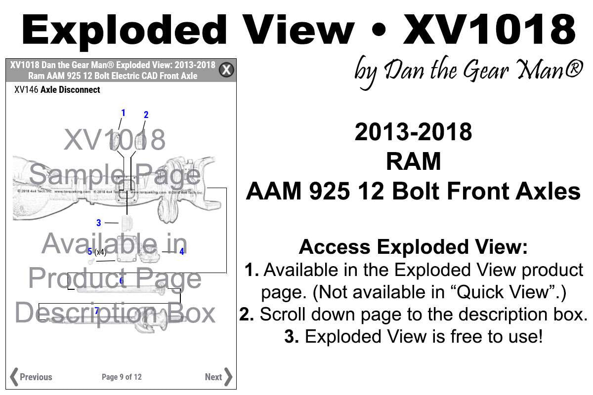 XV1018 2013-2018 Dodge Ram 2500/3500 AAM 925 CAD Front Axle Exploded View Torque King 4x4