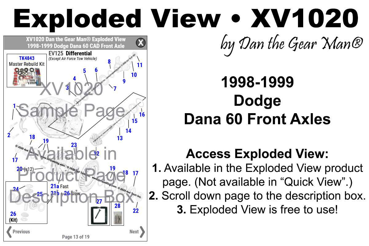 XV1020 1998-1999 Dodge Ram 2500/3500 Dana 60 CAD Front Axle Exploded View Torque King 4x4