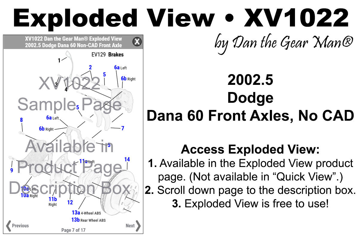 XV1022 2002.5 Dodge Ram 2500/3500 Dana 60 Non-CAD Front Axle Exploded View