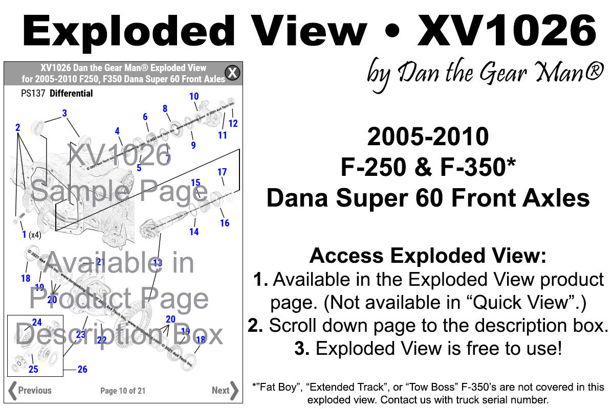 XV1026 2005-2010 Ford F250, F350 Dana Super 60 Front Axle Exploded View