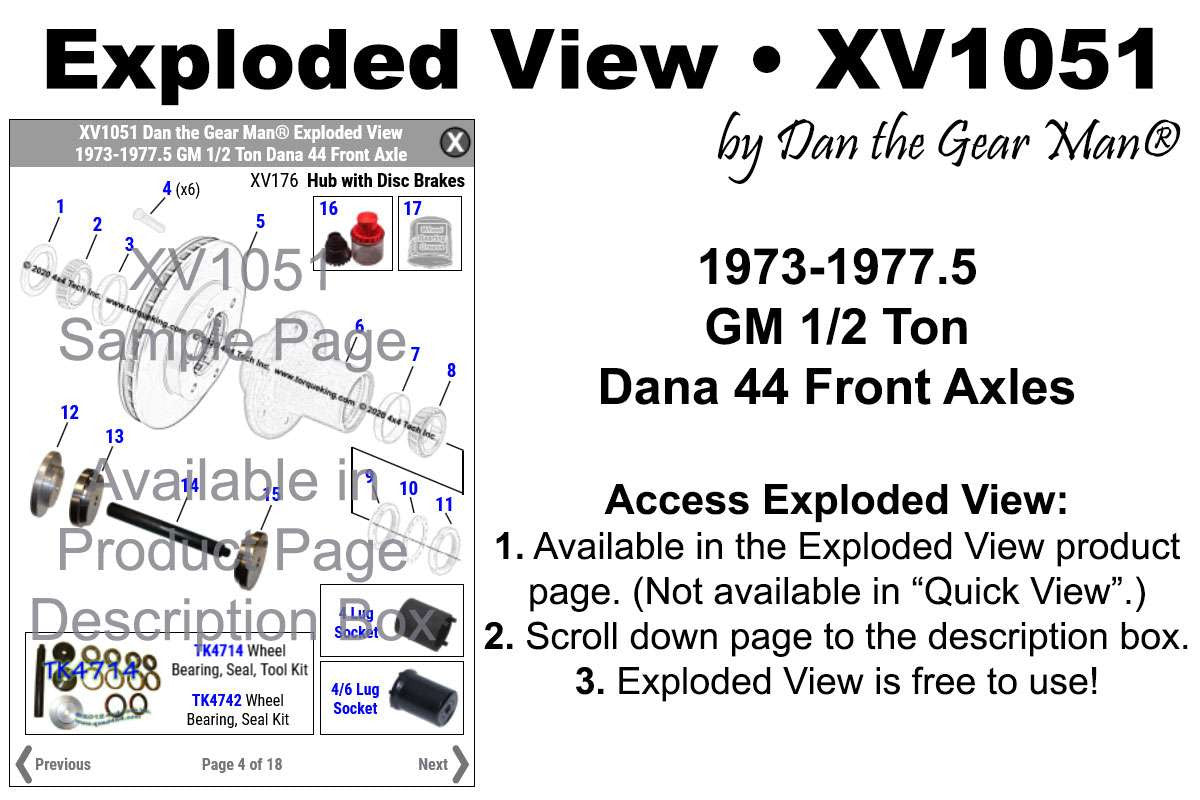 XV1051 1973-1977.5 Chevy & GMC 1/2 Ton Dana 44 Front Axle Exploded View Torque King 4x4