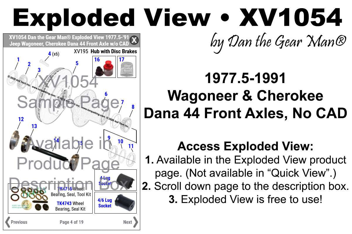 XV1054 1977.5-1979 Jeep Wagoneer, Cherokee Dana 44 Front Axle Exploded View Torque King 4x4