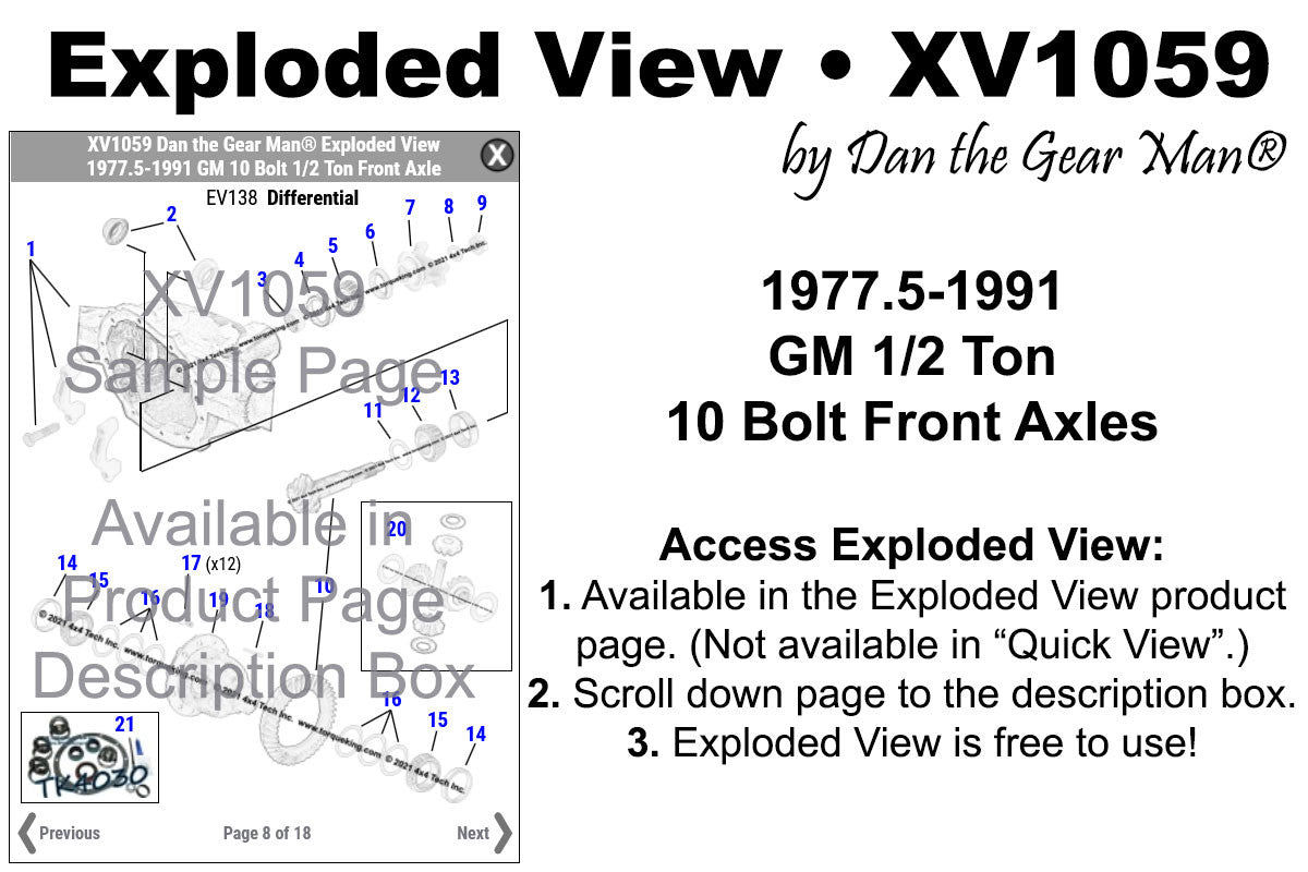 XV1059 1977.5-1991 GM 10 Bolt 1/2 Ton Front Axle Exploded View