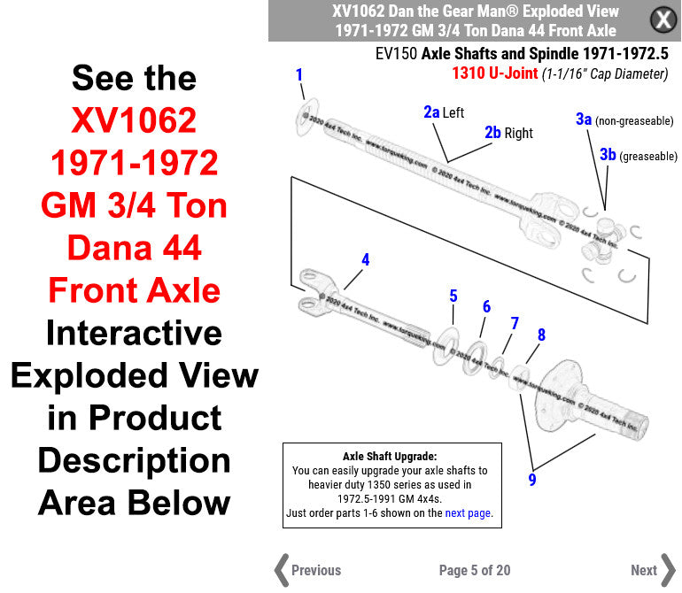 XV1062 1971-1972 Chevy & GMC 3/4 Ton Dana 44 Front Axle Exploded View