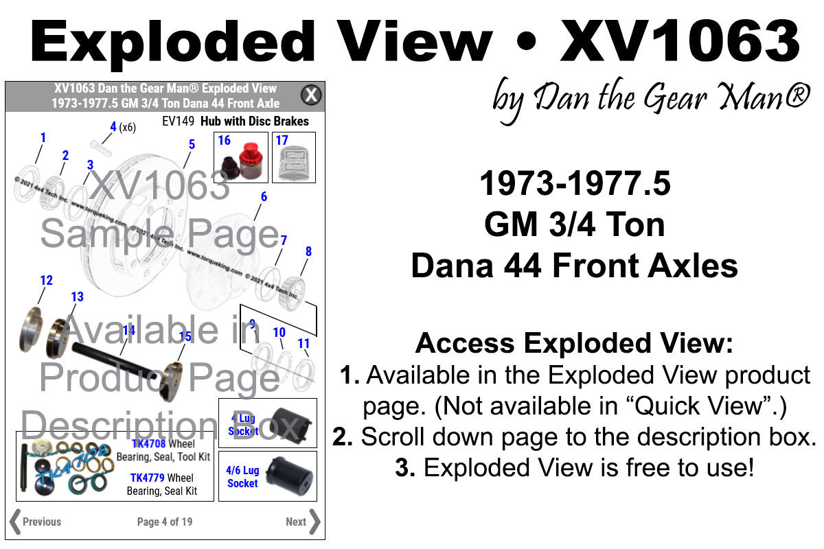 XV1063 1973-1977.5 Chevy & GMC 3/4 Ton Dana 44 Front Axle Exploded View