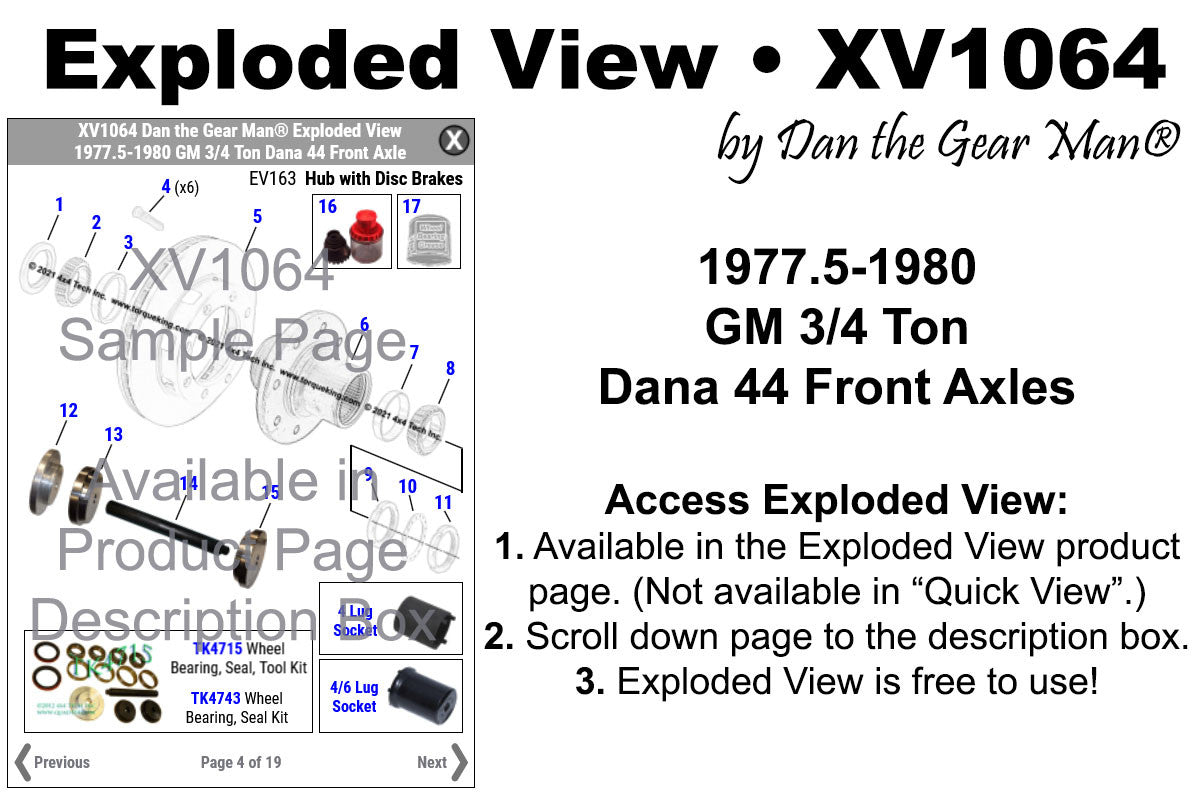 XV1064 1977.5-1980 Chevy & GMC 3/4 Ton Dana 44 Front Axle Exploded View