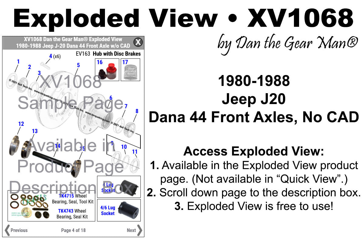 XV1068 1980-1988 Jeep J-20 3/4 Ton Dana 44 Front Axle Exploded View