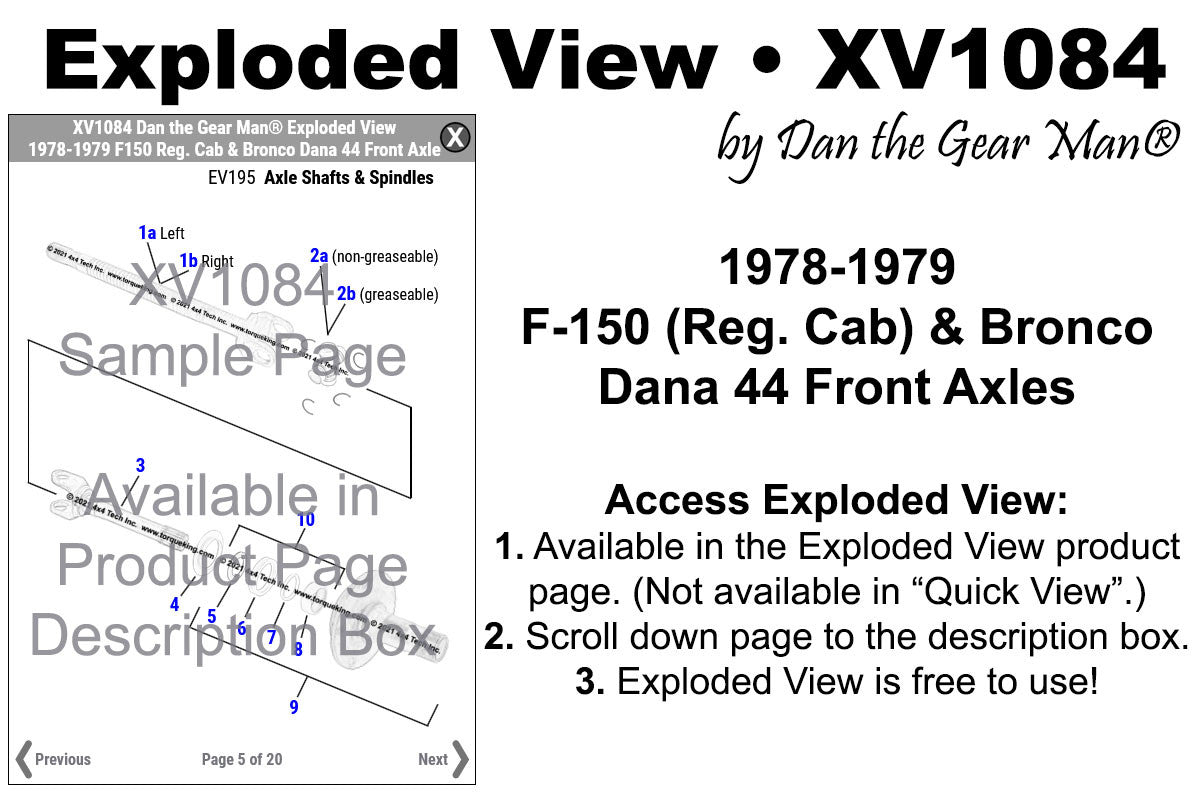 XV1084 1978-1979 Ford Bronco, F150 Regular Cab Dana 44 Front Axle Exploded View
