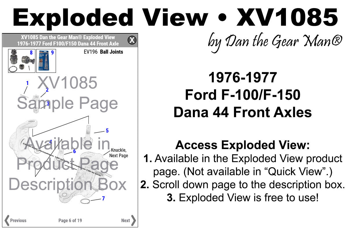 XV1085 1976-1977 Ford F100/F150 Dana 44 Front Axle Exploded View