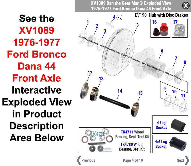 XV1089 1976-1977 Ford Bronco Dana 44 Front Axle Exploded View