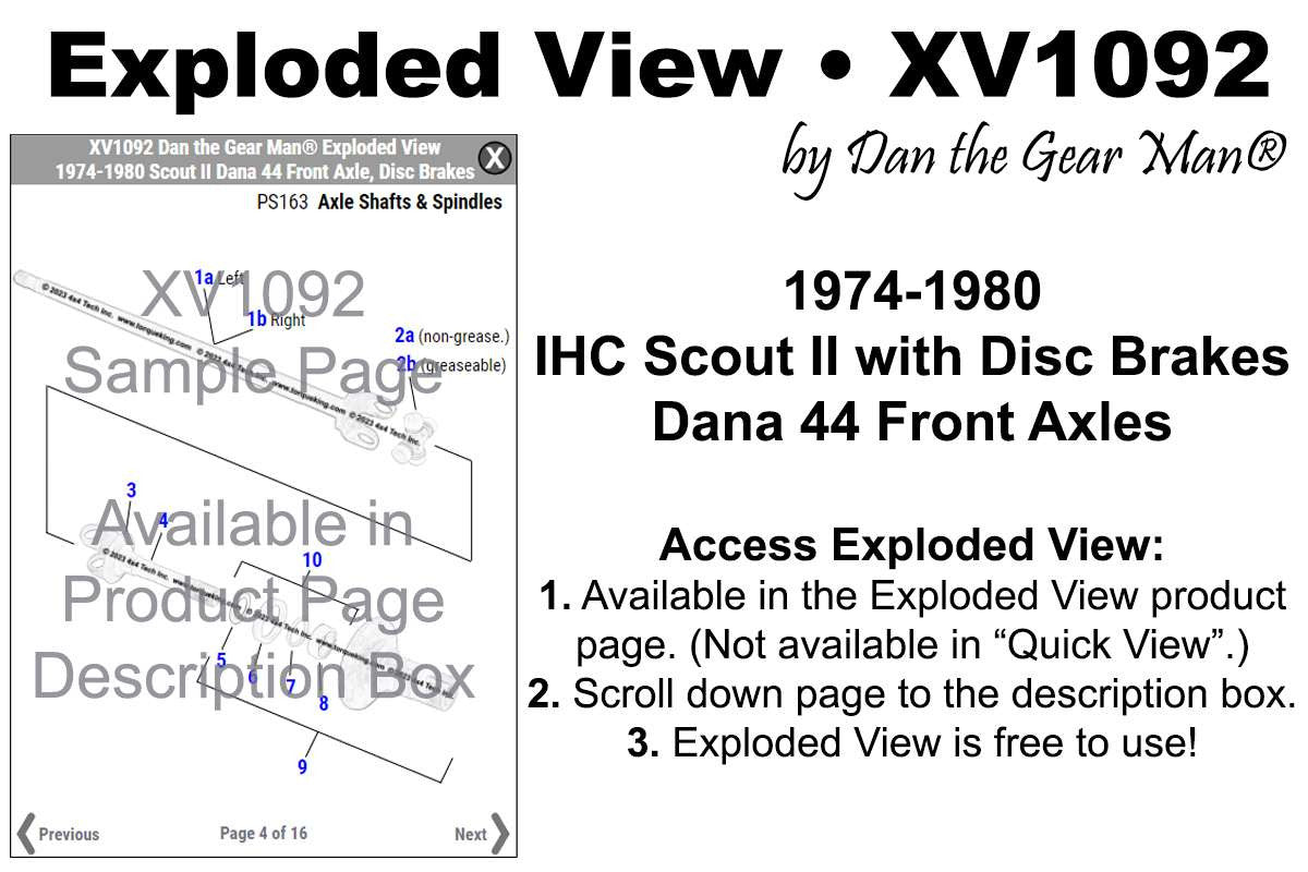 XV1092 1974-1980 IHC Scout II with Dana 44 Front Axles, Disc Brakes, Exploded View Torque King 4x4