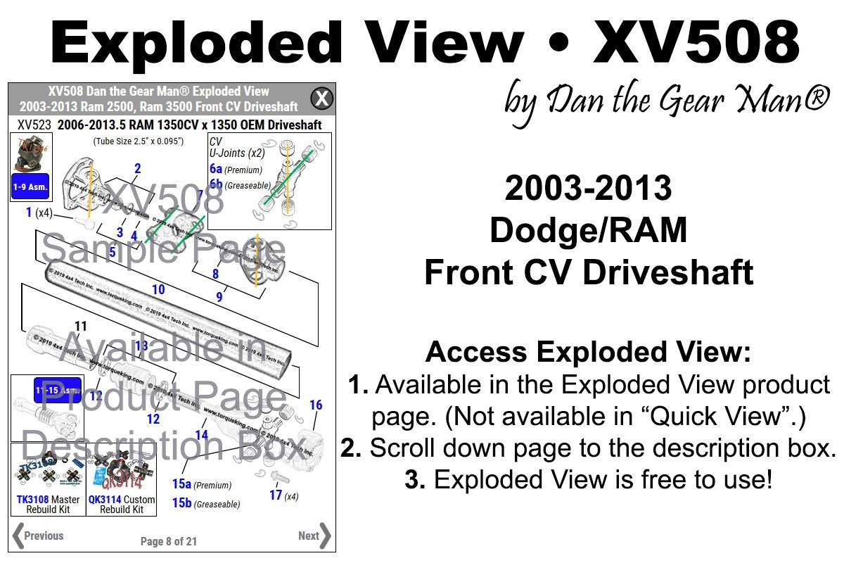 XV508 Exploded View 2003-2013.5 Ram 2500/3500 Front CV Driveshaft Torque King 4x4