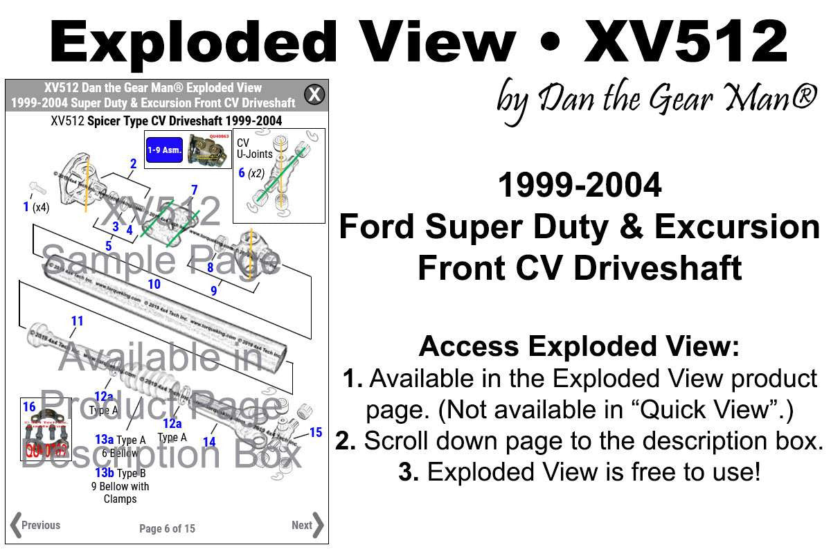 XV512 Exploded View 1999-2004 Ford Super Duty Front CV Driveshaft Torque King 4x4