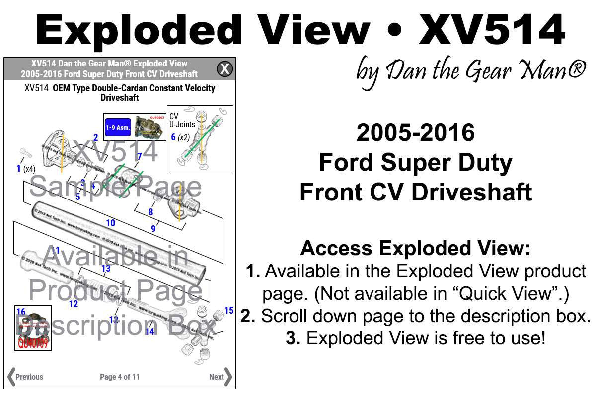 XV514 Exploded View 2005-2016 Ford Super Duty Front CV Driveshaft Torque King 4x4