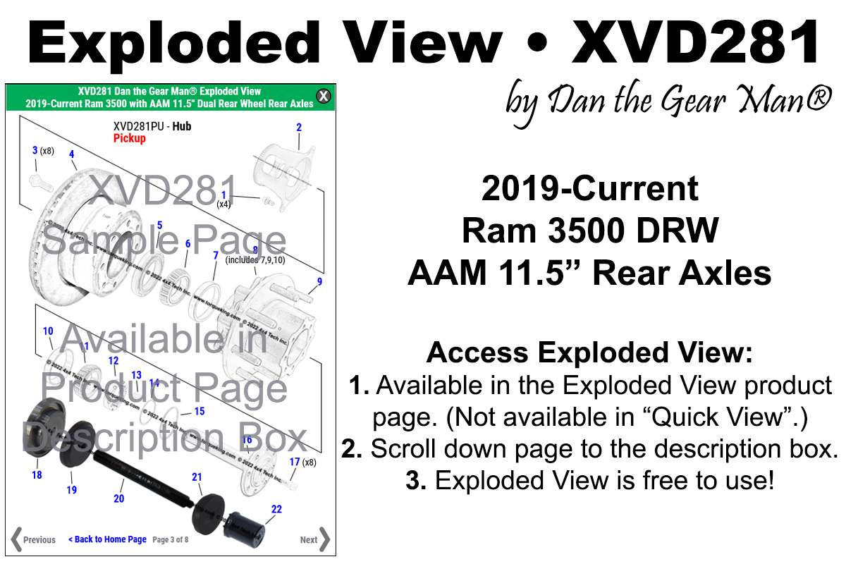 XVD281 2019-up Ram 3500 Dual Rear Wheel Hub AAM 11.5" Exploded View Torque King 4x4