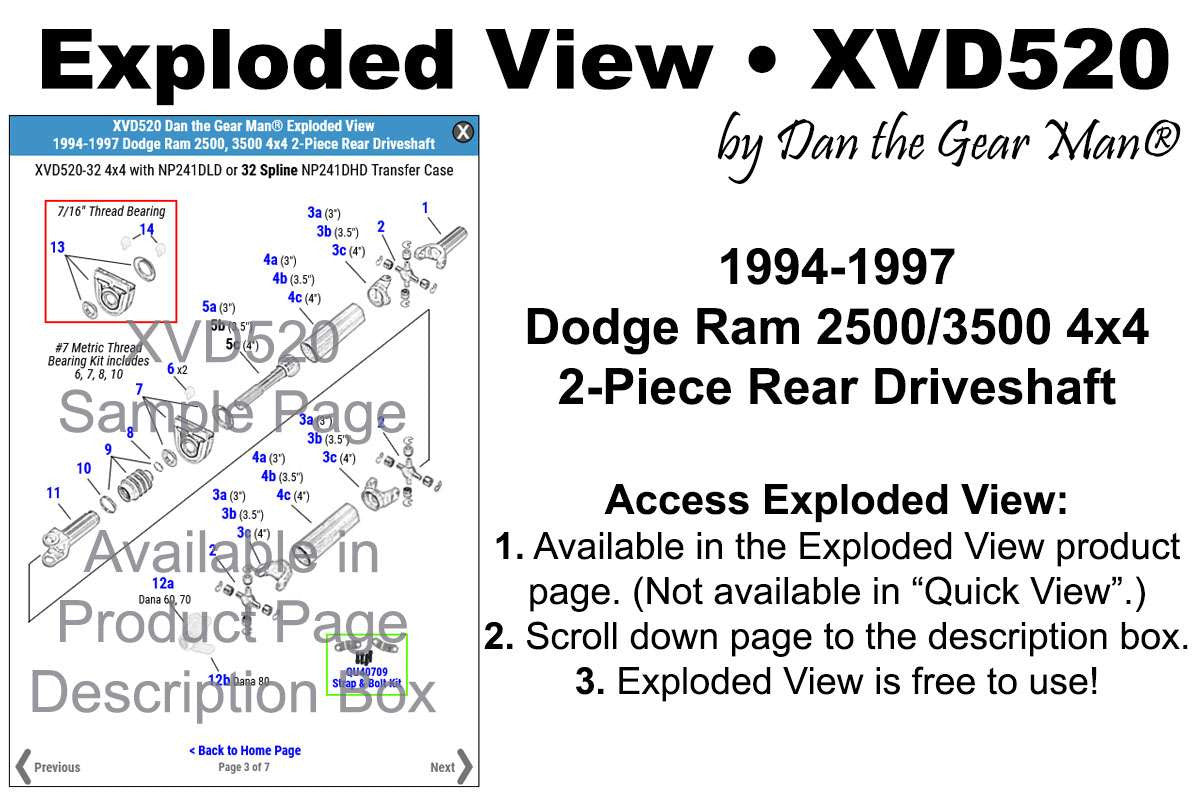 XVD520 1994-1997 Ram 2500, 3500 4x4 2-Piece Rear Driveshaft Exploded View Torque King 4x4