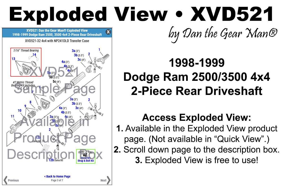 XVD521 1998-1999 Ram 2500, 3500 4x4 2-Piece Rear Driveshaft Exploded View Torque King 4x4