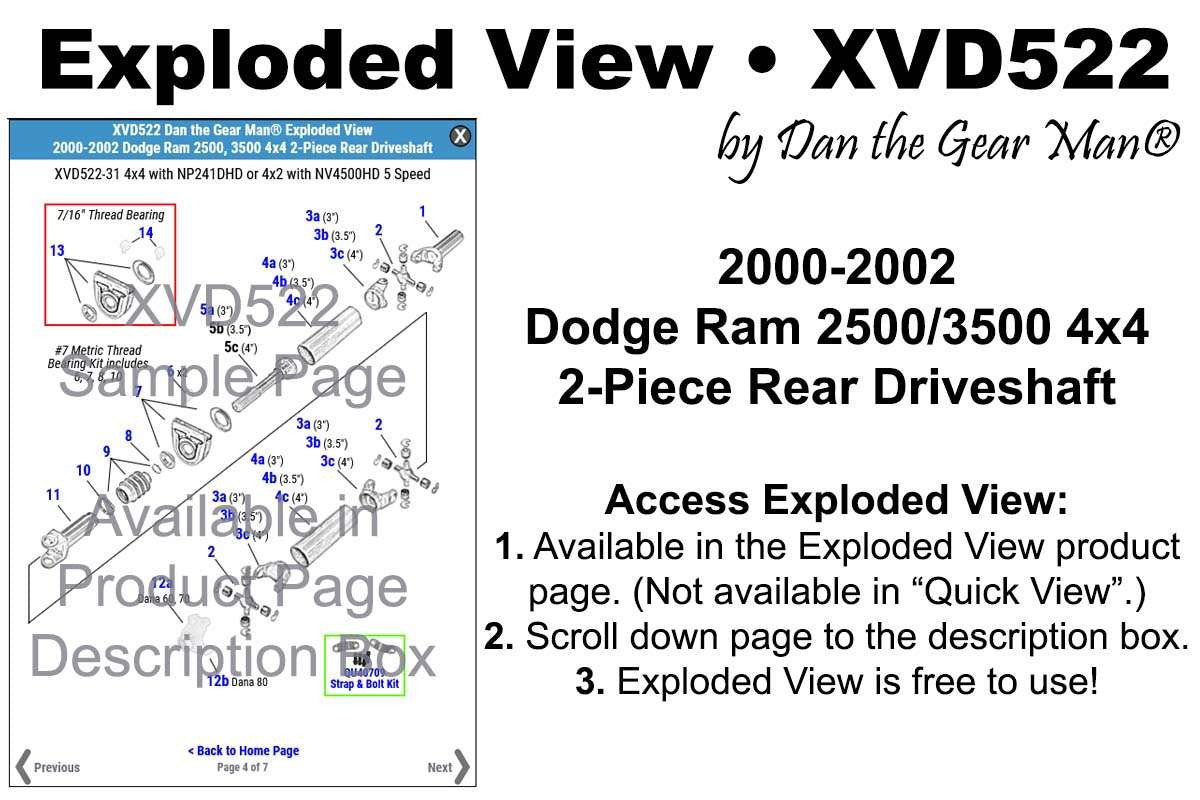 XVD522 2000-2002 Ram 2500, 3500 4x4 2-Piece Rear Driveshaft Exploded View Torque King 4x4