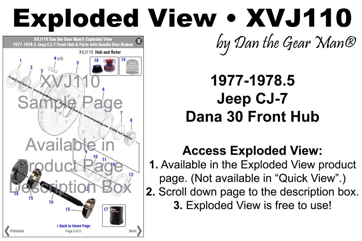 XVJ110 1977-1978.5 Jeep CJ-7 Dana 30 Front Wheel Hub Exploded View Torque King 4x4