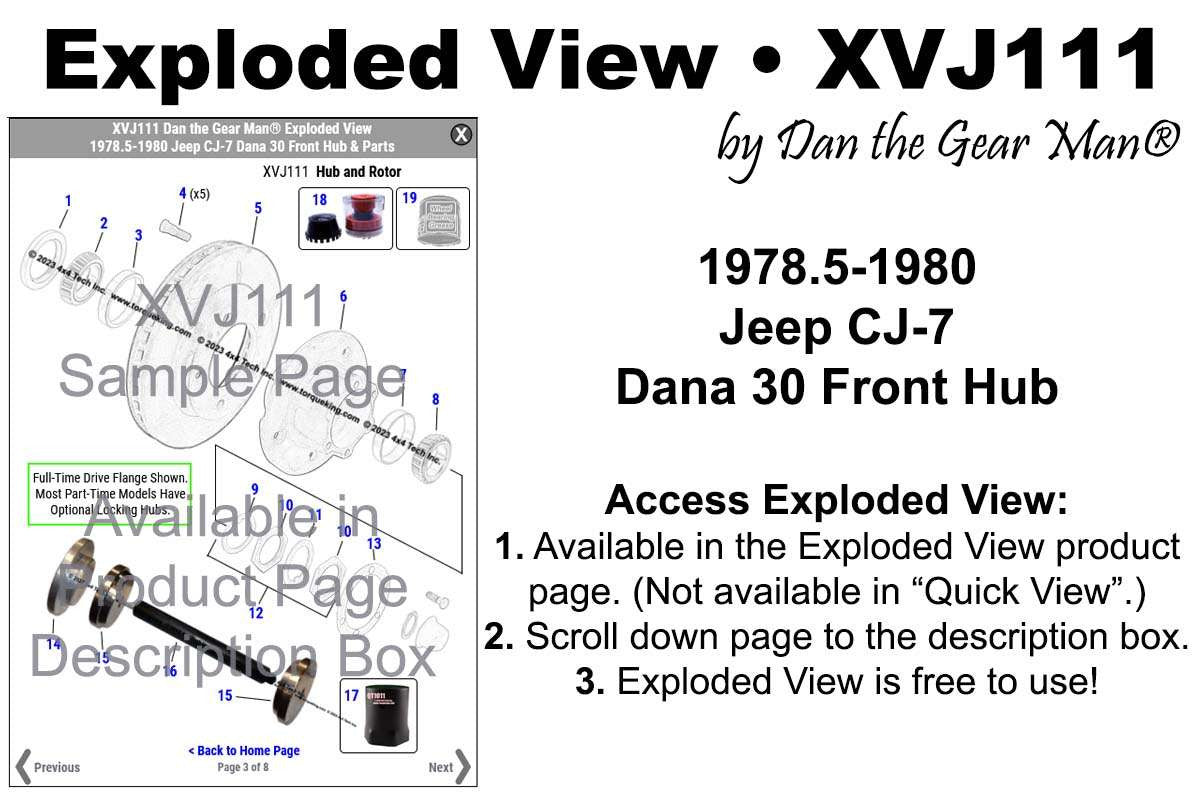 XVJ111 1978.5-1980 Jeep CJ-7 Dana 30 Front Wheel Hub Exploded View Torque King 4x4